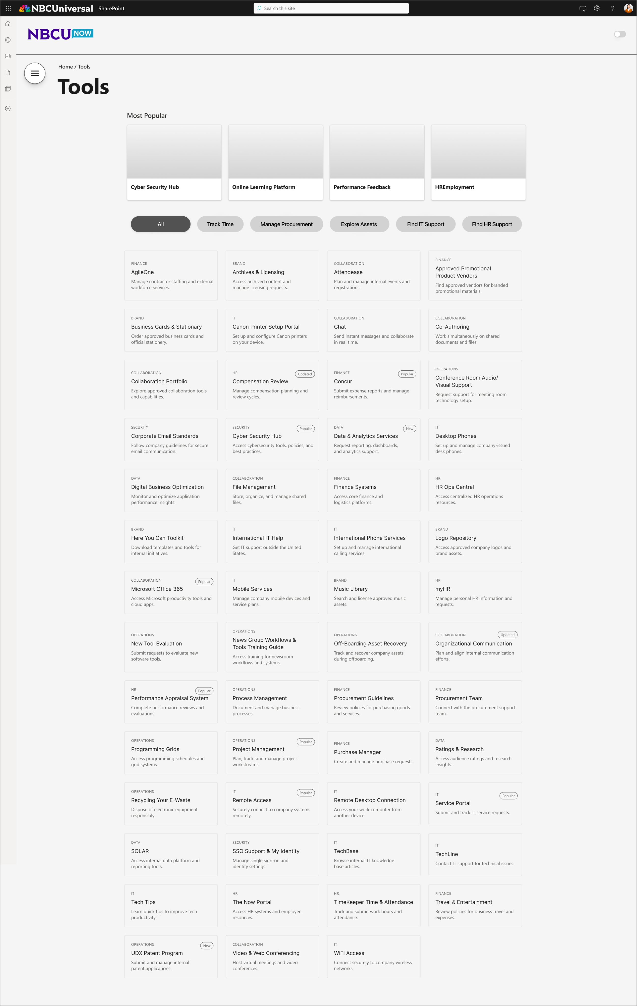 hub page mockup, including cards